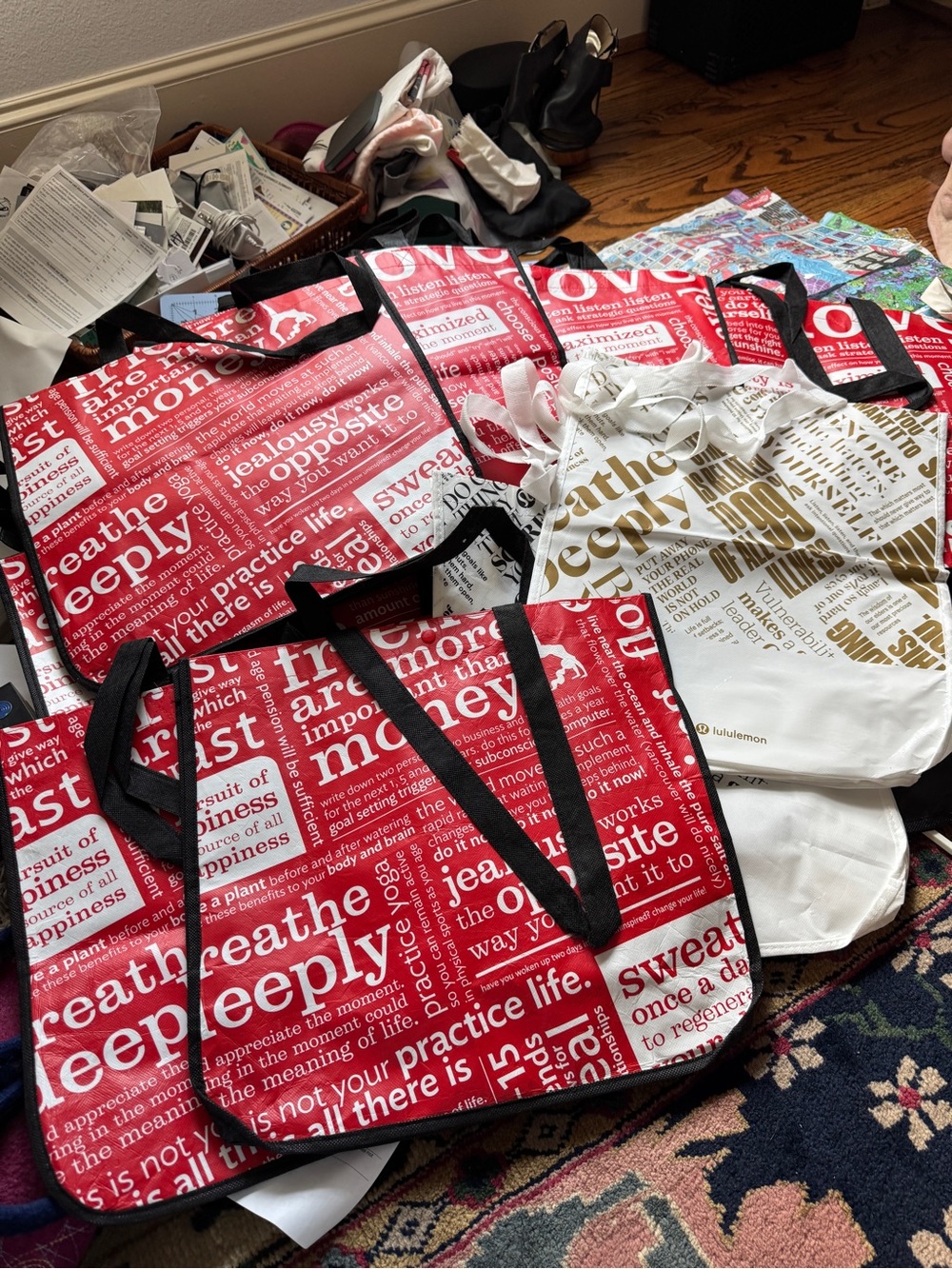 lululemon red, white & gold logo print reusable tote set of twelve large bags